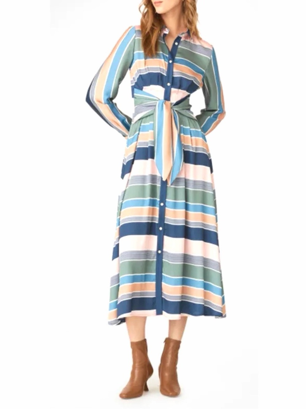 Shoshanna Essie Striped Tie-Waist Pintuck Midi Shirtdress Size 2